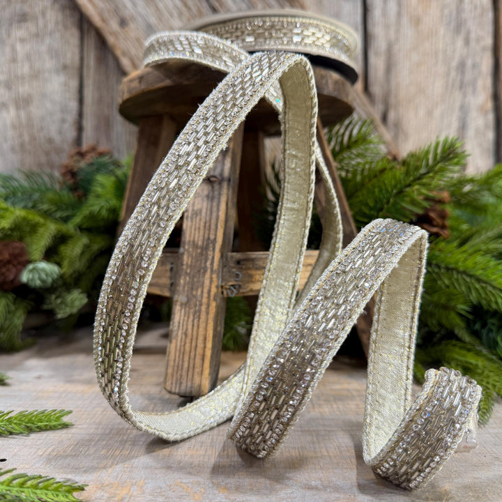 1" Platinum Jeweld Beaded Ribbon, Farrisilk Fluted Jewel Ribbon, Christmas RIbbon