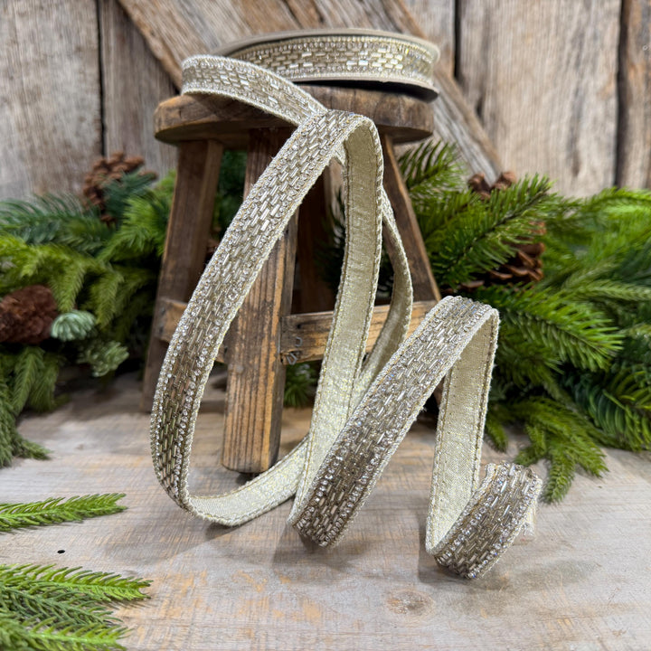 1" Platinum Jeweld Beaded Ribbon, Farrisilk Fluted Jewel Ribbon, Christmas RIbbon