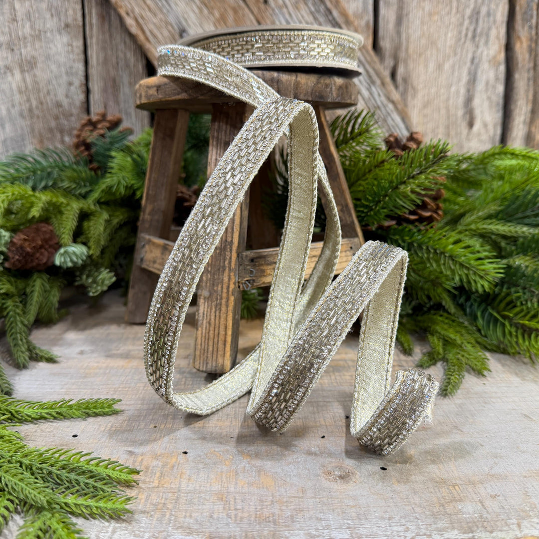 1" Platinum Jeweld Beaded Ribbon, Farrisilk Fluted Jewel Ribbon, Christmas RIbbon