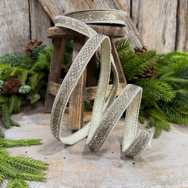 1" Platinum Jeweld Beaded Ribbon, Farrisilk Fluted Jewel Ribbon, Christmas RIbbon