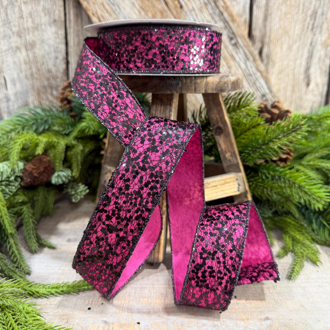 1.5" Hot Pink Halloween Ribbon, Farrisilk Spindle Web Ribbon, Halloween Ribbon, HR020-15