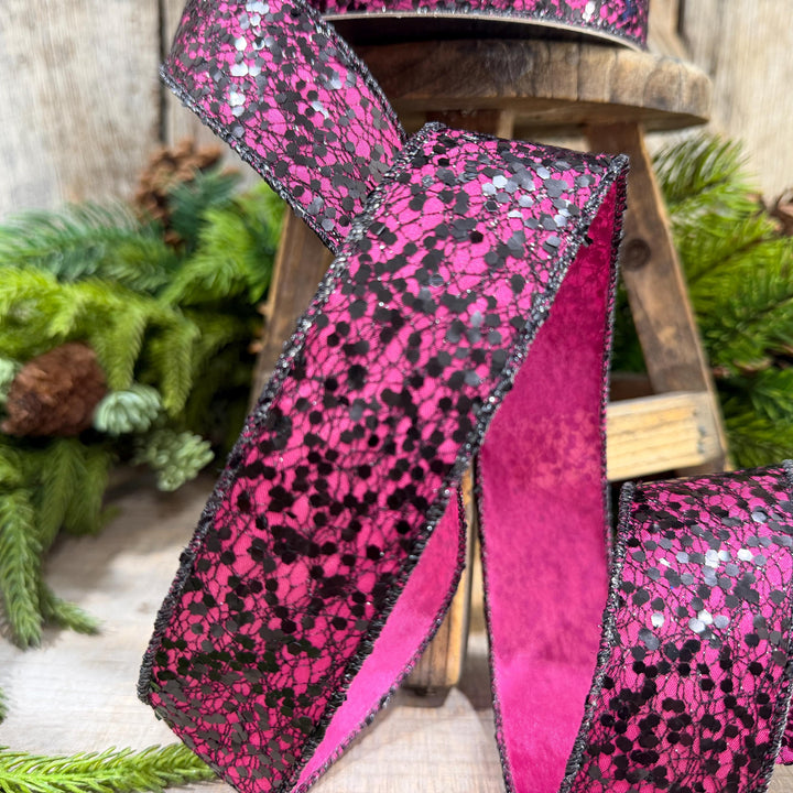 1.5" Hot Pink Halloween Ribbon, Farrisilk Spindle Web Ribbon, Halloween Ribbon, HR020-15