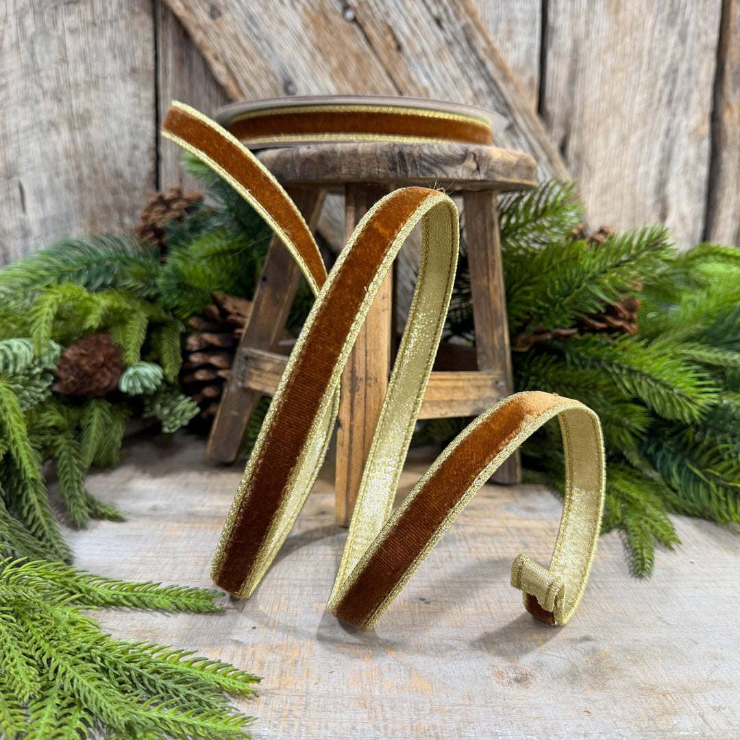 3/4” Pecan Brown Velvet Ribbon, Flashy Velvet Ribbon, Farrisilk ribbon, Brown Velvet ribbon, RG074-35