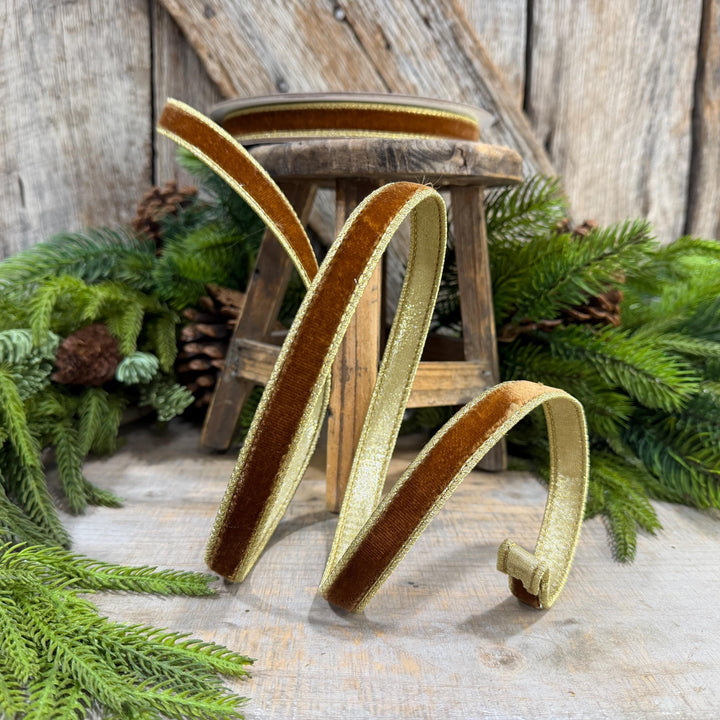 3/4” Pecan Brown Velvet Ribbon, Flashy Velvet Ribbon, Farrisilk ribbon, Brown Velvet ribbon, RG074-35