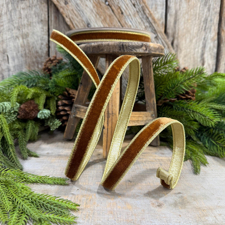 3/4” Pecan Brown Velvet Ribbon, Flashy Velvet Ribbon, Farrisilk ribbon, Brown Velvet ribbon, RG074-35