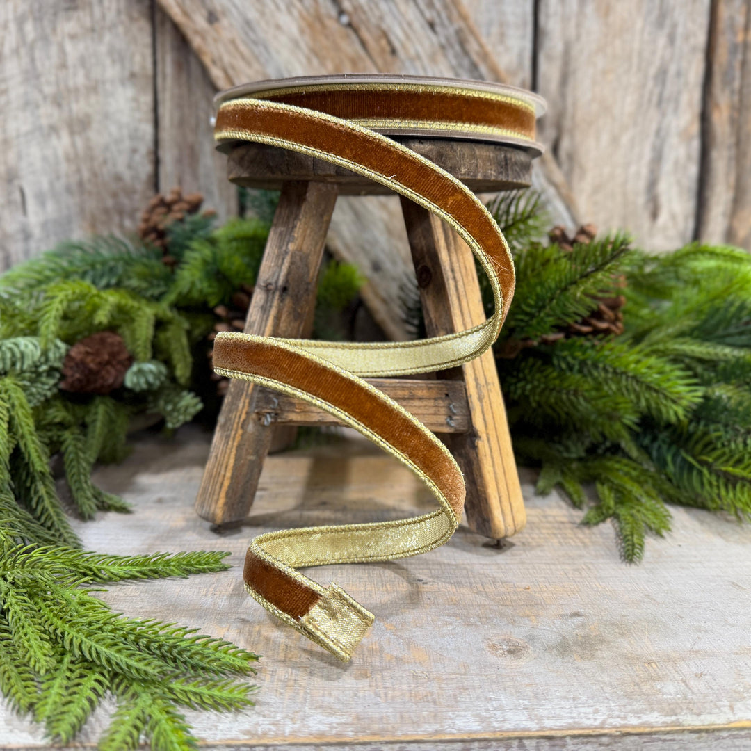 3/4” Pecan Brown Velvet Ribbon, Flashy Velvet Ribbon, Farrisilk ribbon, Brown Velvet ribbon, RG074-35