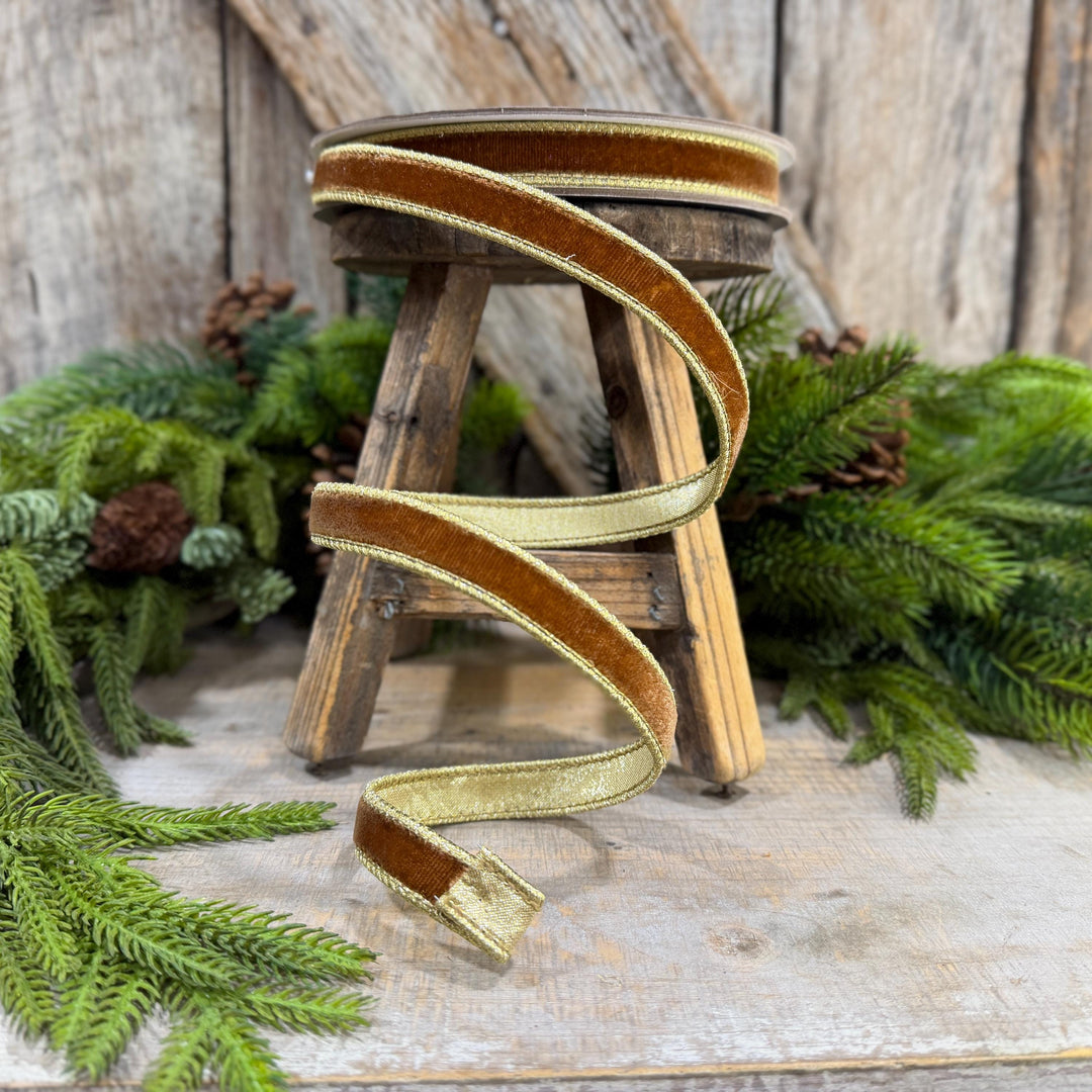3/4” Pecan Brown Velvet Ribbon, Flashy Velvet Ribbon, Farrisilk ribbon