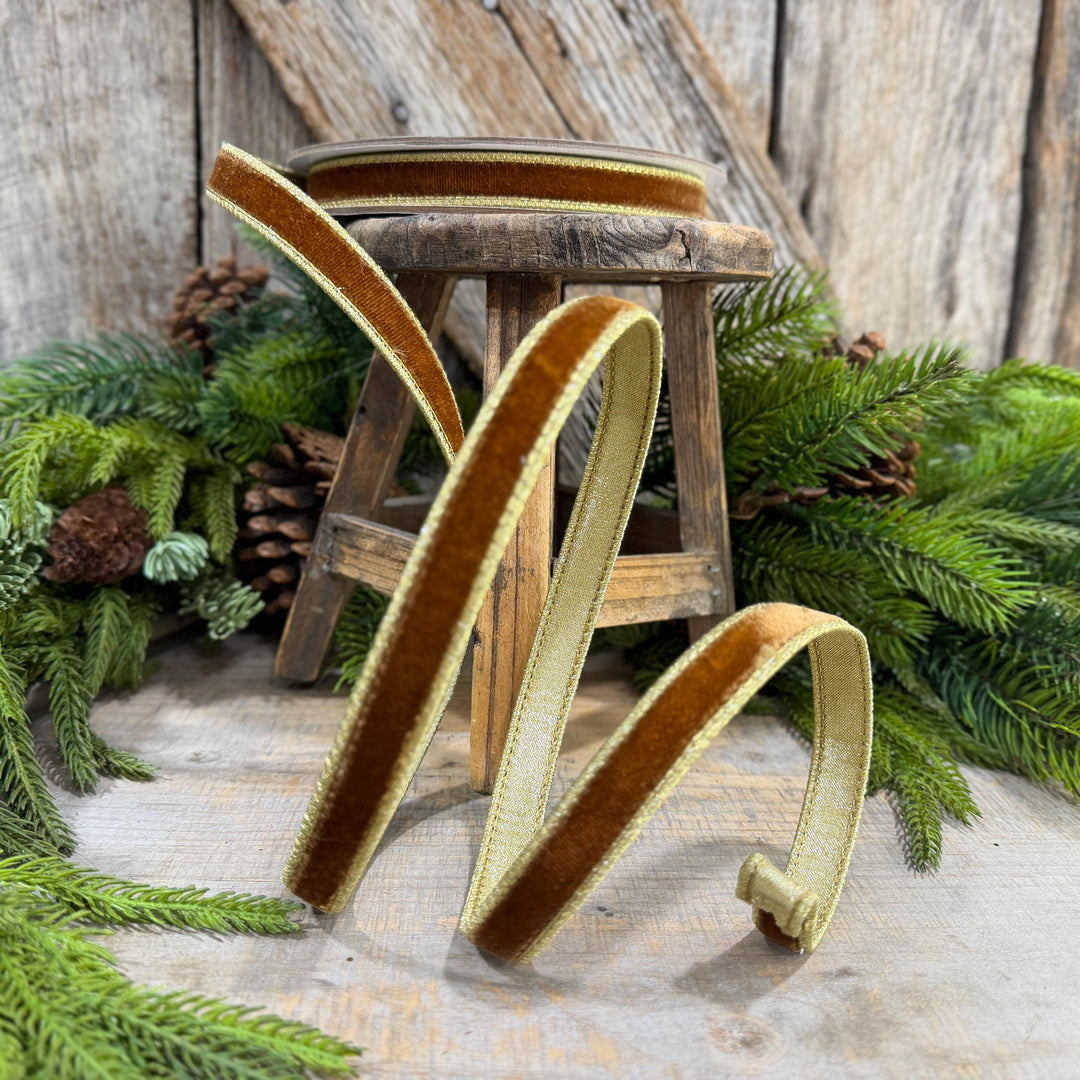 3/4” Pecan Brown Velvet Ribbon, Flashy Velvet Ribbon, Farrisilk ribbon, Brown Velvet ribbon, RG074-35