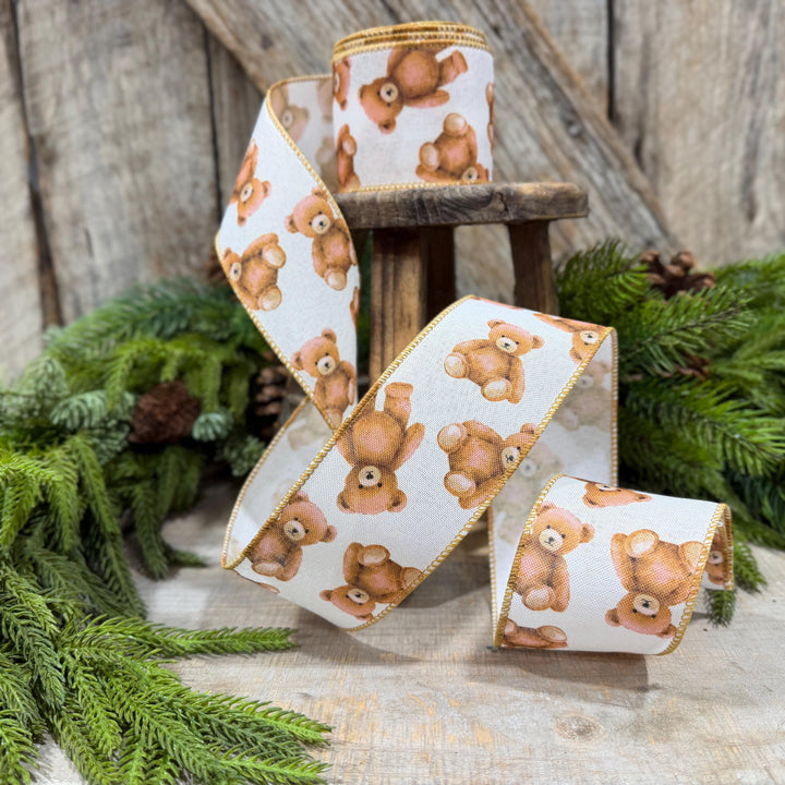 2.5" Teddy Bear Ribbon, Christmas Teddy Bear Ribbon, Wired Bear Ribbon
