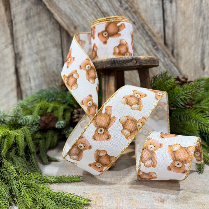 2.5" Teddy Bear Ribbon, Christmas Teddy Bear Ribbon, Wired Bear Ribbon