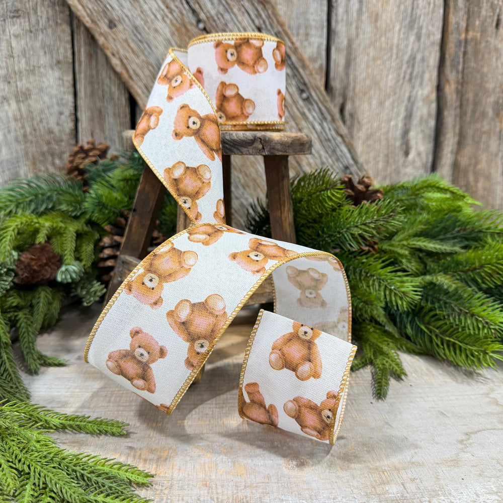 2.5" Teddy Bear Ribbon, Christmas Teddy Bear Ribbon, Wired Bear Ribbon