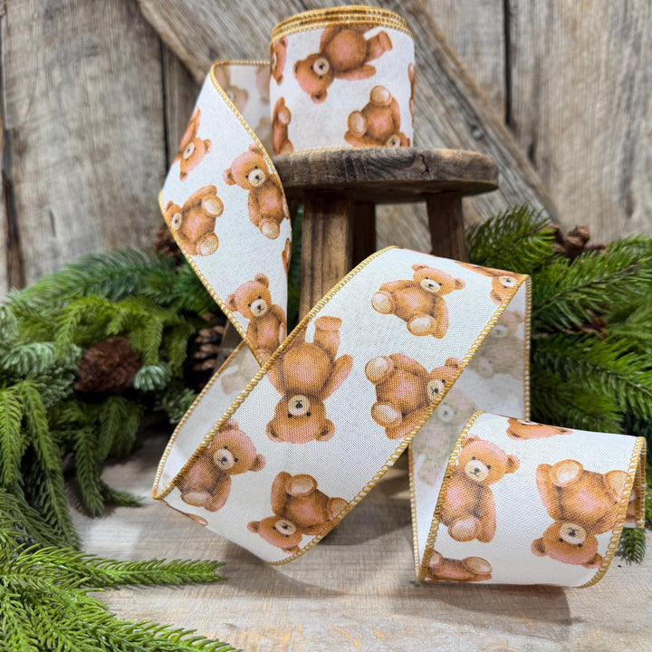 2.5" Teddy Bear Ribbon, Christmas Teddy Bear Ribbon, Wired Bear Ribbon