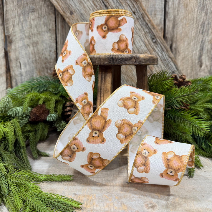 2.5" Teddy Bear Ribbon, Christmas Teddy Bear Ribbon, Wired Bear Ribbon