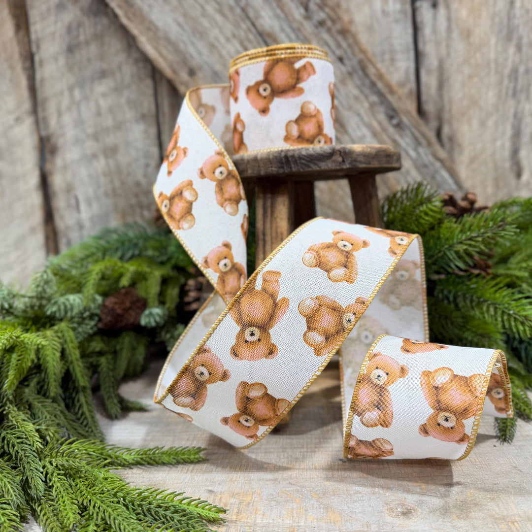 2.5" Teddy Bear Ribbon, Christmas Teddy Bear Ribbon, Wired Bear Ribbon