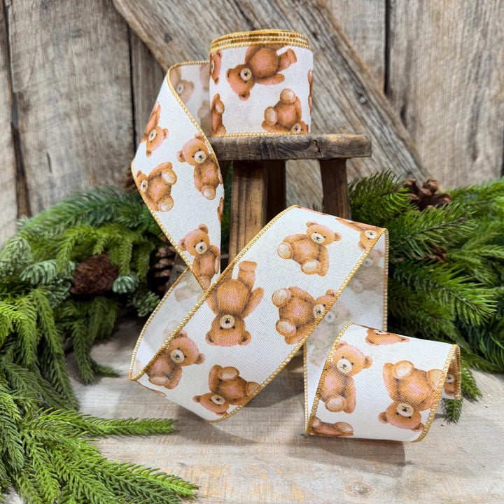 2.5" Teddy Bear Ribbon, Christmas Teddy Bear Ribbon, Wired Bear Ribbon