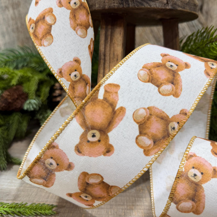 2.5" Teddy Bear Ribbon, Christmas Teddy Bear Ribbon, Wired Bear Ribbon