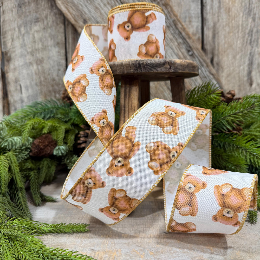 2.5" Teddy Bear Ribbon, Christmas Teddy Bear Ribbon, Wired Bear Ribbon