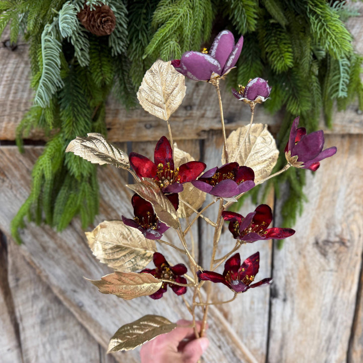 27" Burgundy Blossom Spray, Burgundy Christmas Floral Spray