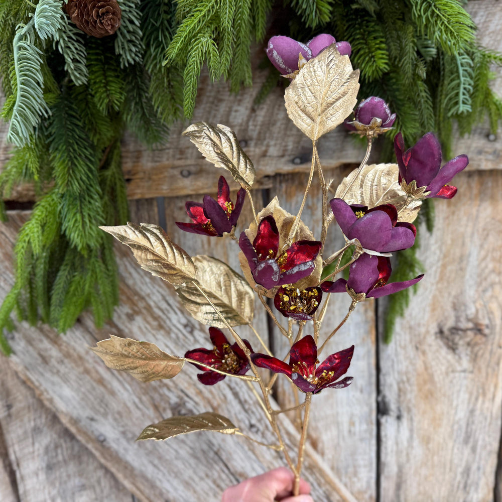 27" Burgundy Blossom Spray, Burgundy Christmas Floral Spray