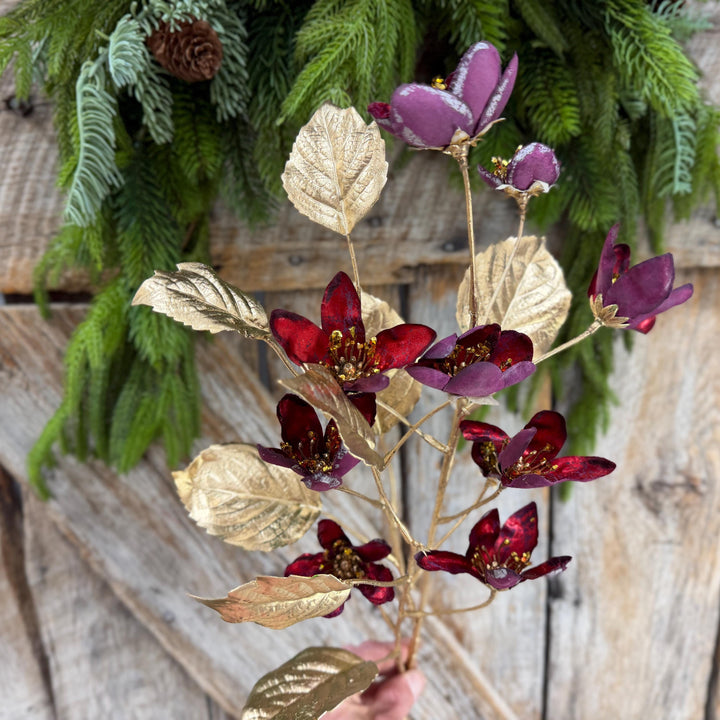 27" Burgundy Blossom Spray, Burgundy Christmas Floral Spray
