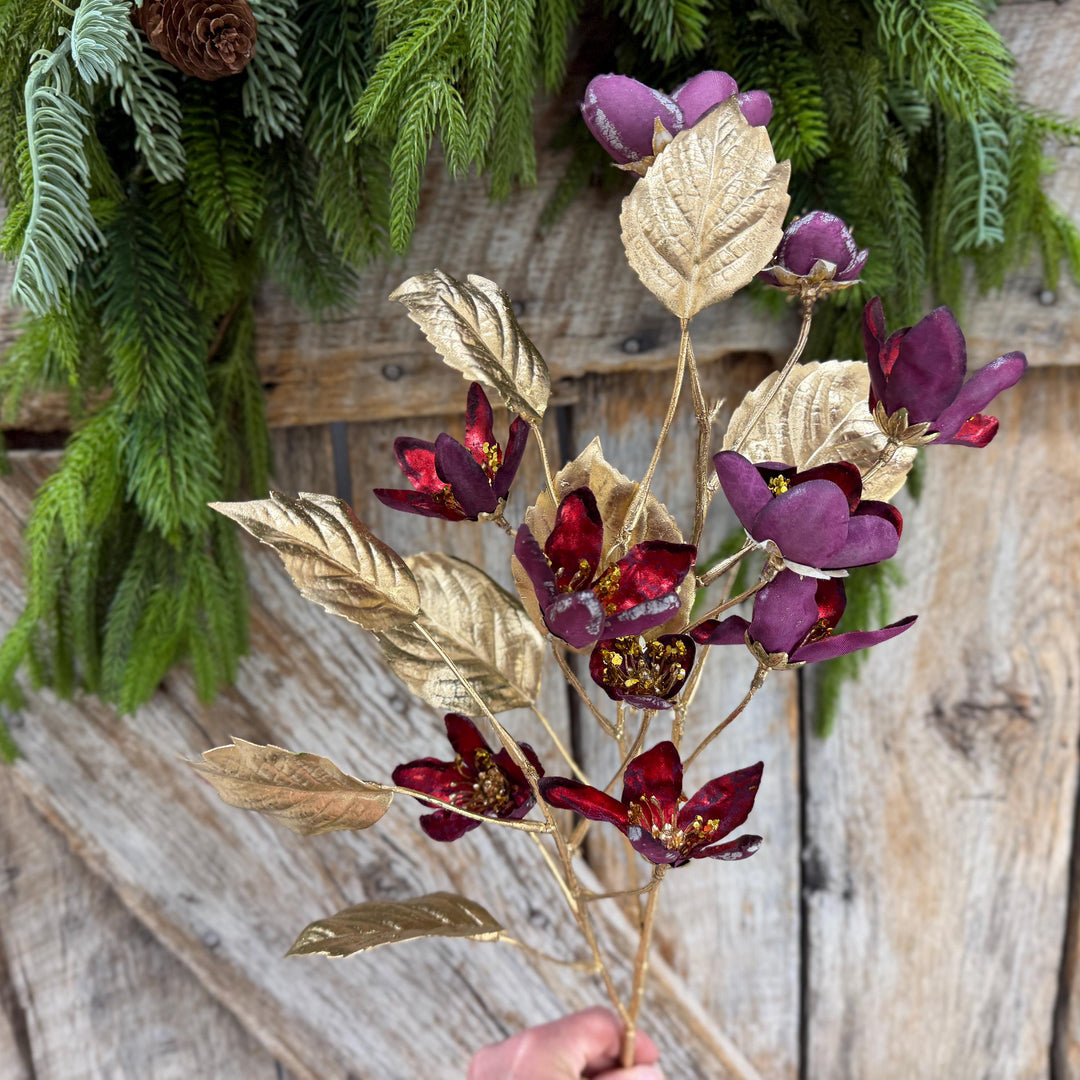 27" Burgundy Blossom Spray, Burgundy Christmas Floral Spray