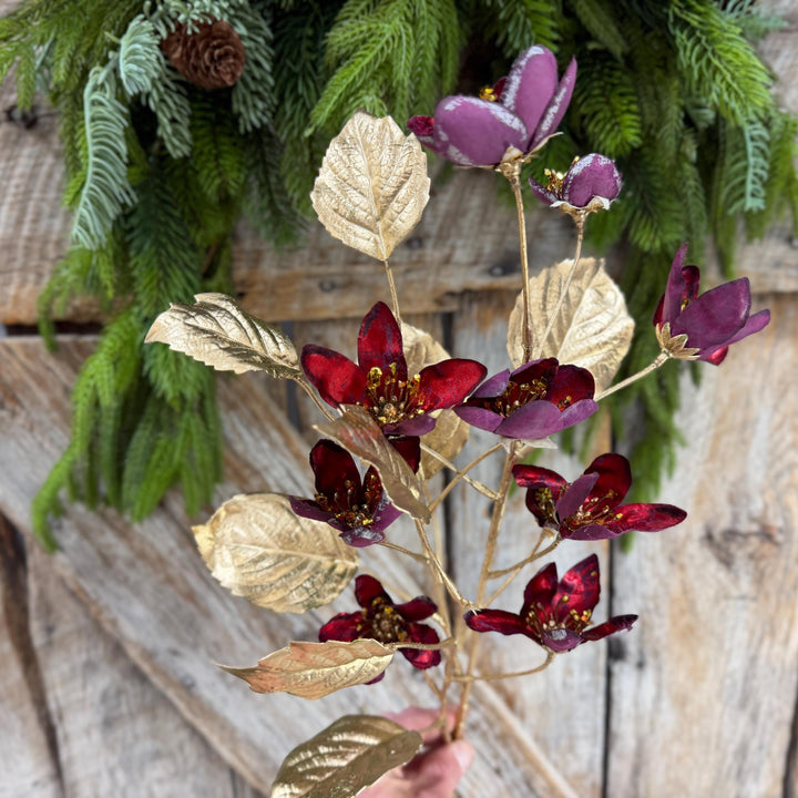 27" Burgundy Blossom Spray, Burgundy Christmas Floral Spray