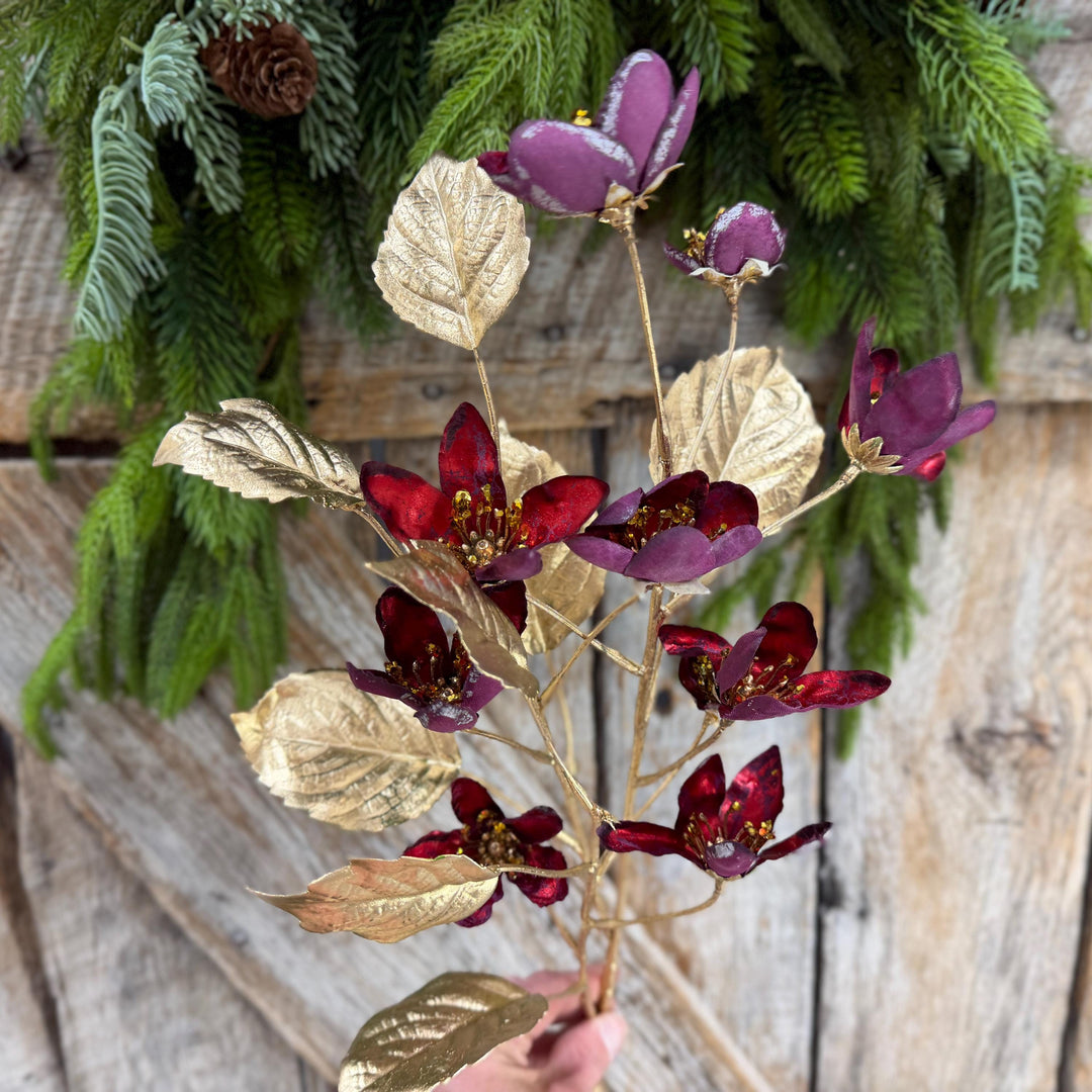 27" Burgundy Blossom Spray, Burgundy Christmas Floral Spray