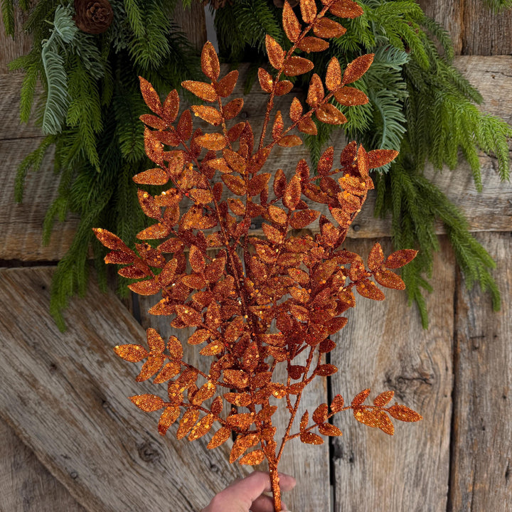 28" Orange Glitter Fern Spray, Halloween Greenery, Orange Spray