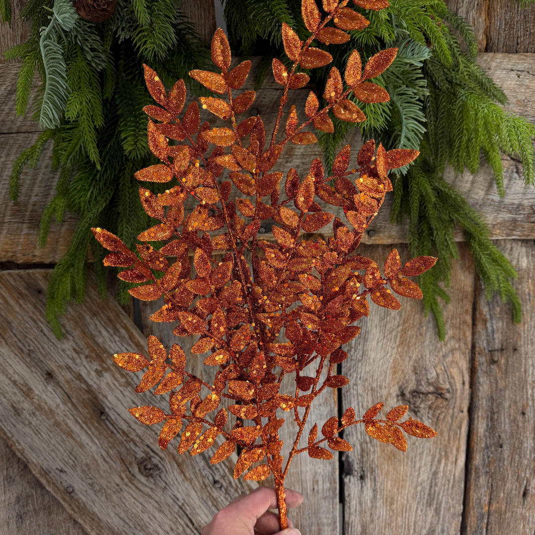 28" Orange Glitter Fern Spray, Halloween Greenery, Orange Spray