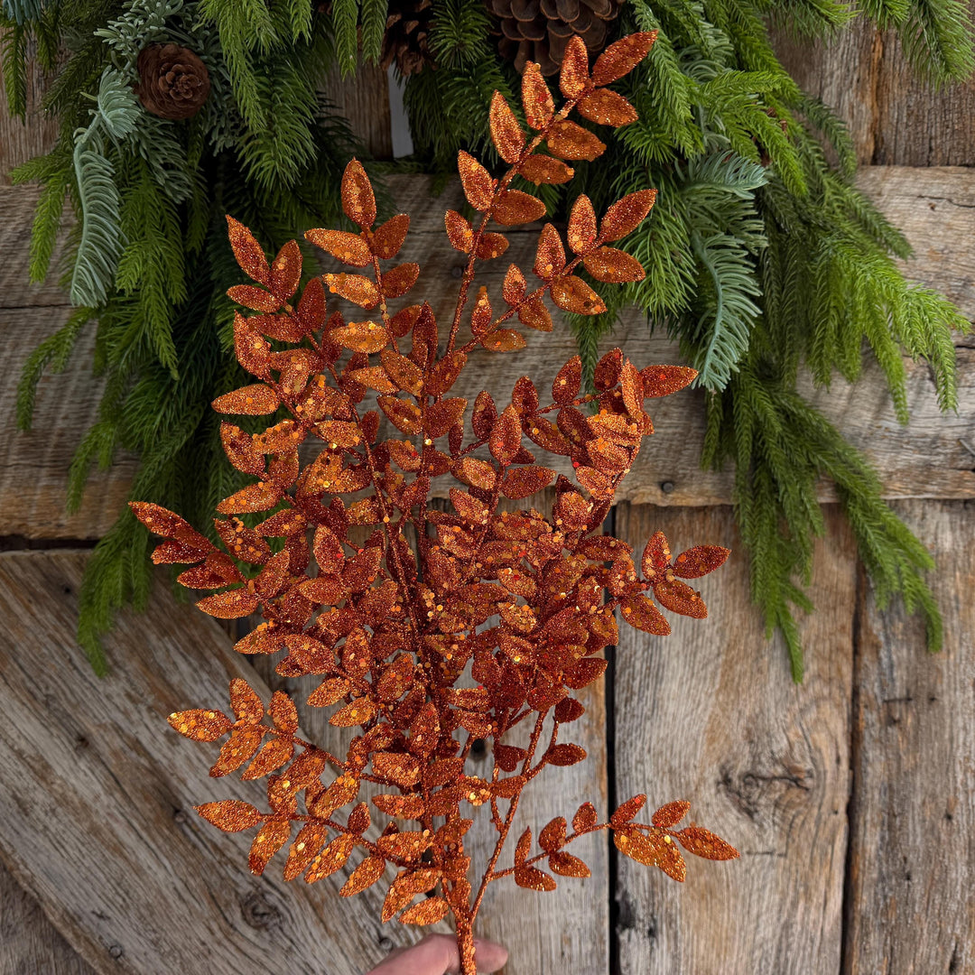 28" Orange Glitter Fern Spray, Halloween Greenery, Orange Spray