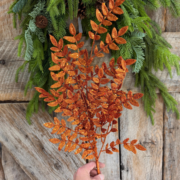 28" Orange Glitter Fern Spray, Halloween Greenery, Orange Spray
