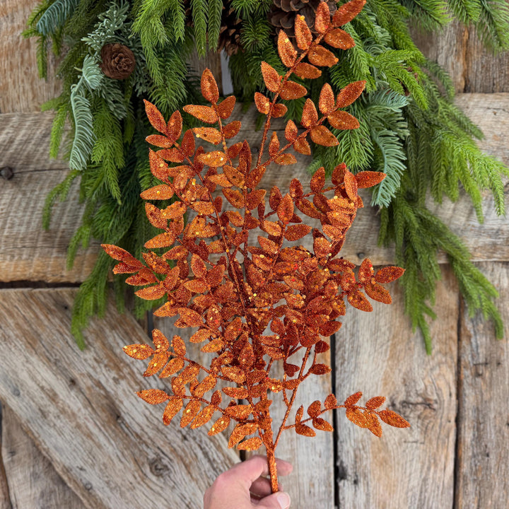 28" Orange Glitter Fern Spray, Halloween Greenery, Orange Spray