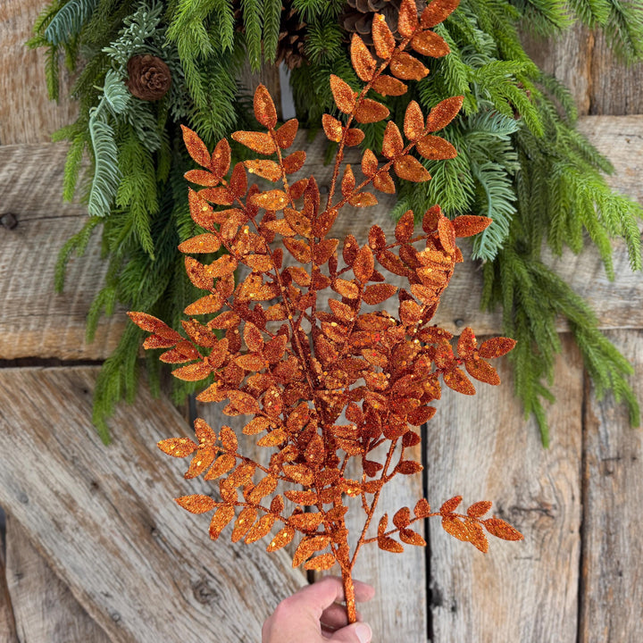 28" Orange Glitter Fern Spray, Halloween Greenery, Orange Spray
