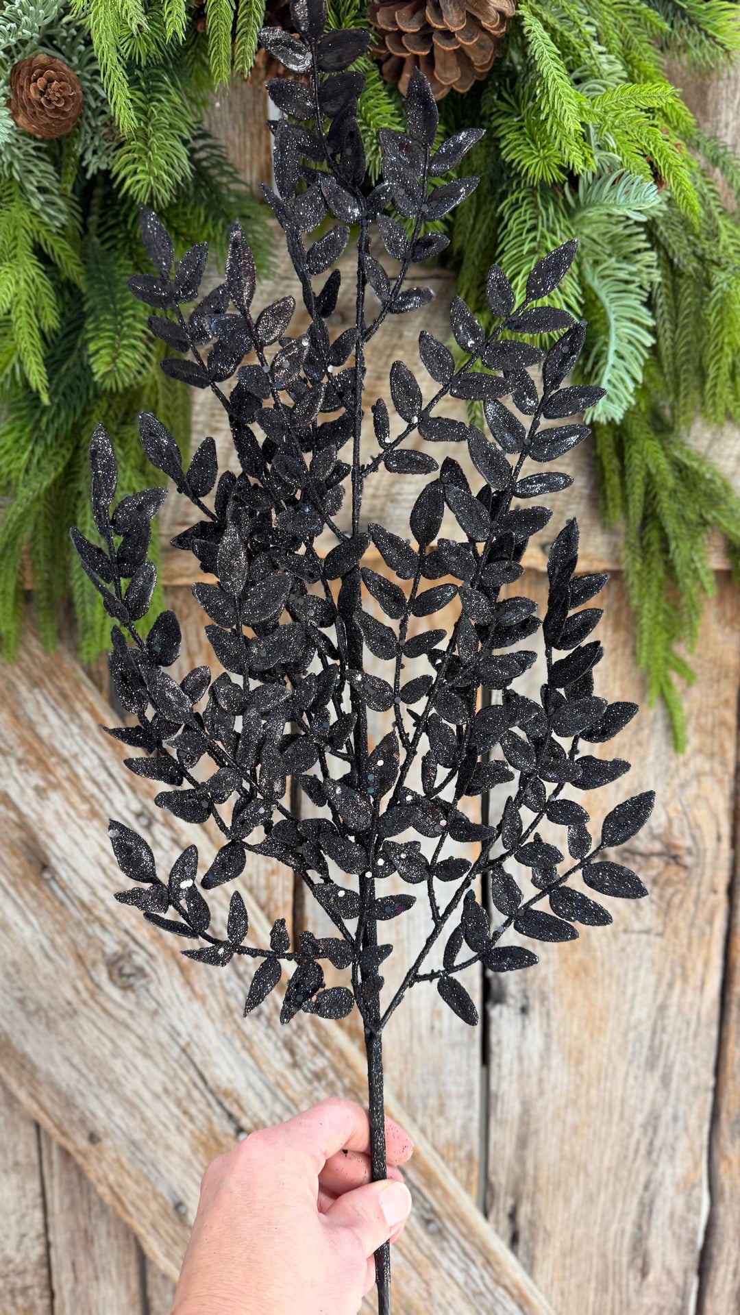 28" Black Glitter Fern Spray, Halloween Greenery, Black Floral Spray