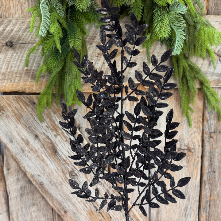 28" Black Glitter Fern Spray, Halloween Greenery, Black Floral Spray