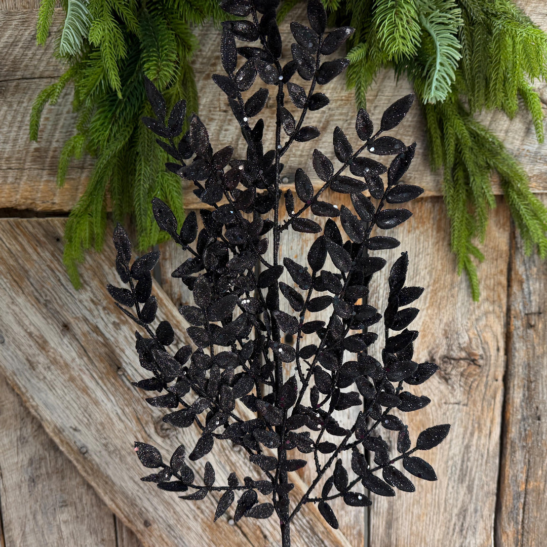 28" Black Glitter Fern Spray, Halloween Greenery, Black Floral Spray