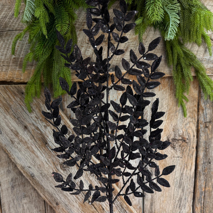 28" Black Glitter Fern Spray, Halloween Greenery, Black Floral Spray