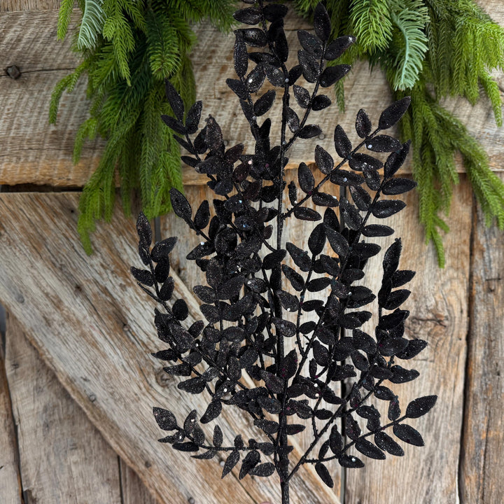 28" Black Glitter Fern Spray, Halloween Greenery, Black Floral Spray