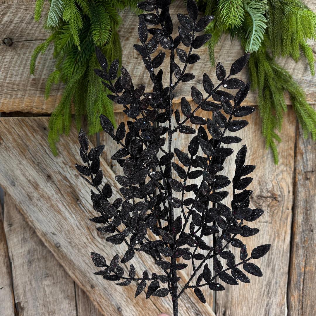 28" Black Glitter Fern Spray, Halloween Greenery, Black Floral Spray