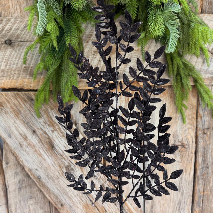 28" Black Glitter Fern Spray, Halloween Greenery, Black Floral Spray