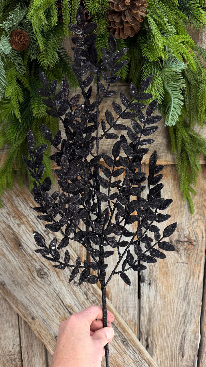 28" Black Glitter Fern Spray, Halloween Greenery, Black Floral Spray