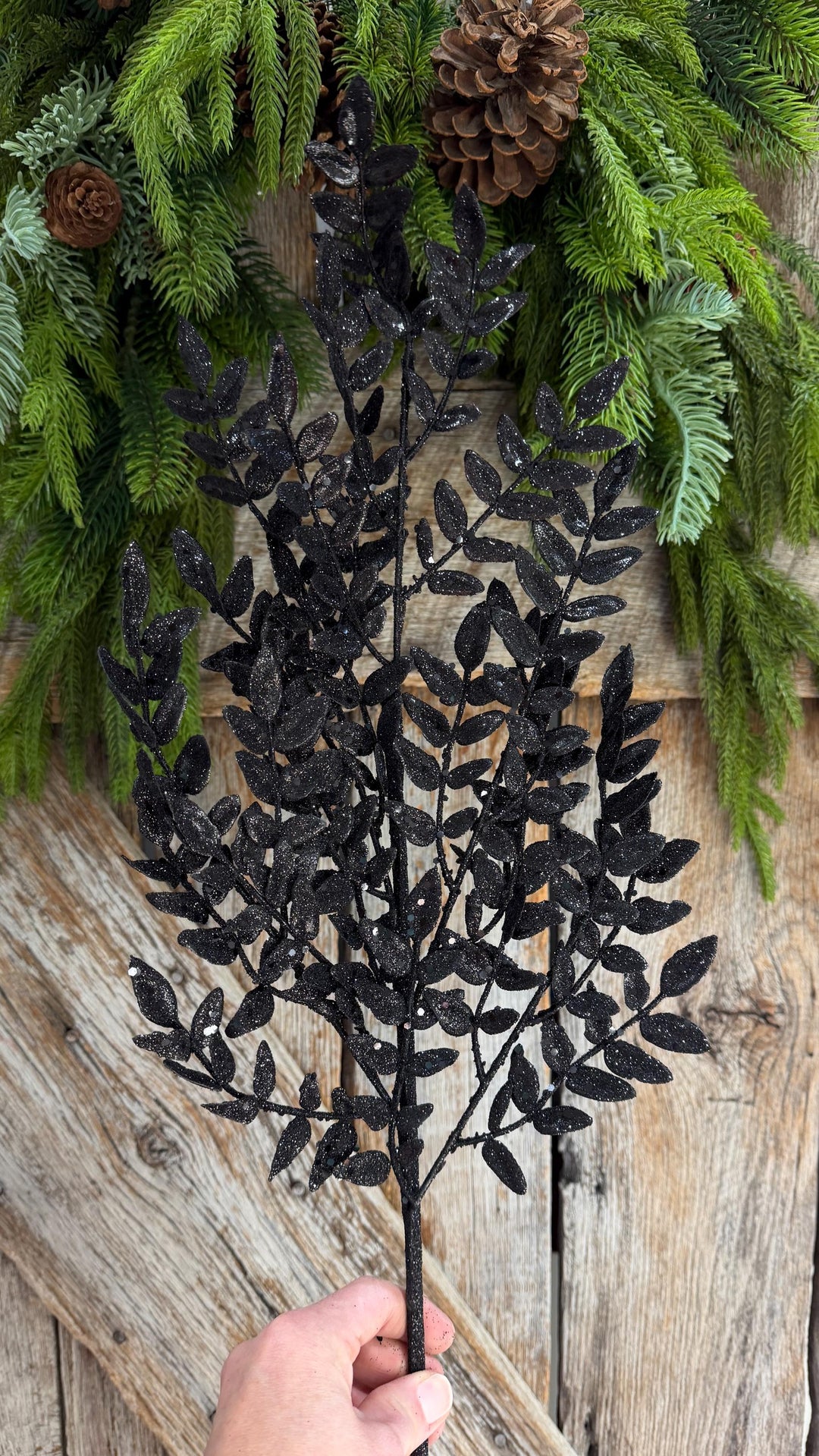 28" Black Glitter Fern Spray, Halloween Greenery, Black Floral Spray