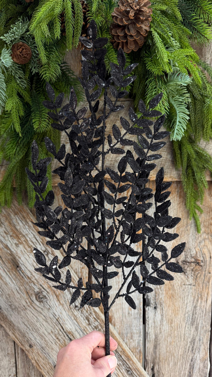 28" Black Glitter Fern Spray, Halloween Greenery, Black Floral Spray