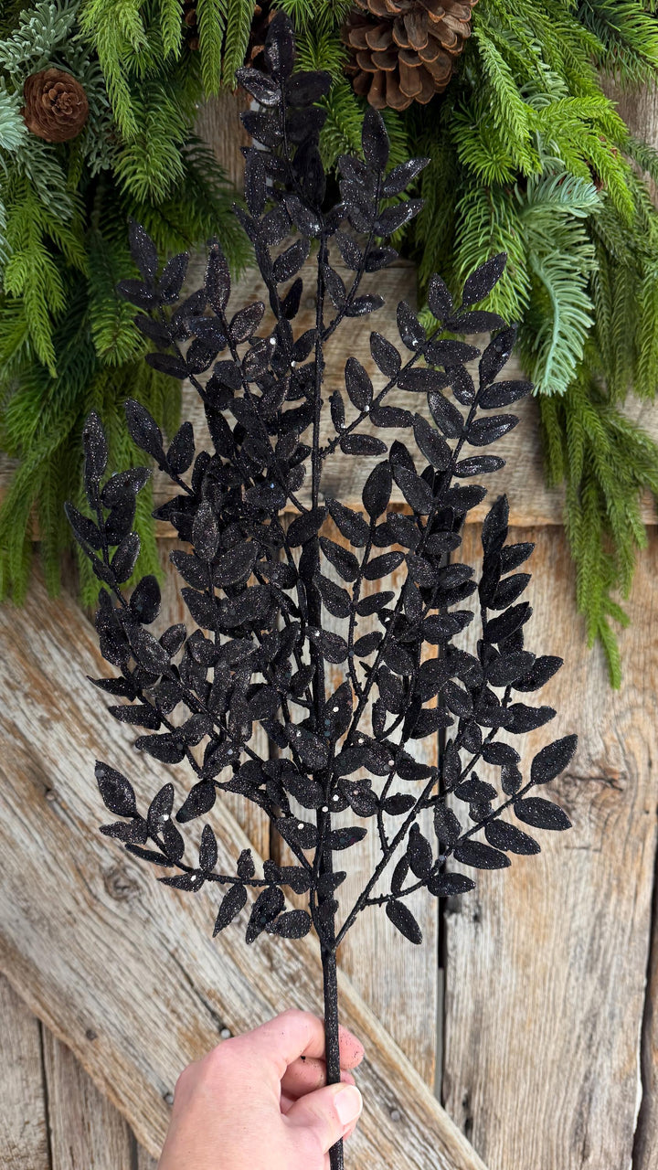 28" Black Glitter Fern Spray, Halloween Greenery, Black Floral Spray