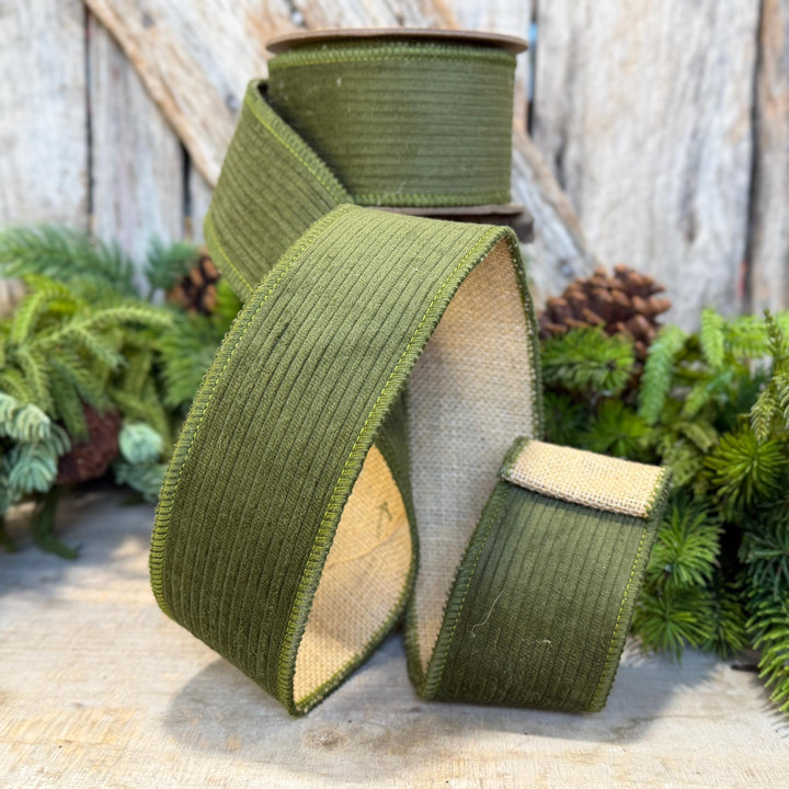 2.5" Moss Green Corduroy Ribbon, Fall Ribbon, Christmas Ribbon
