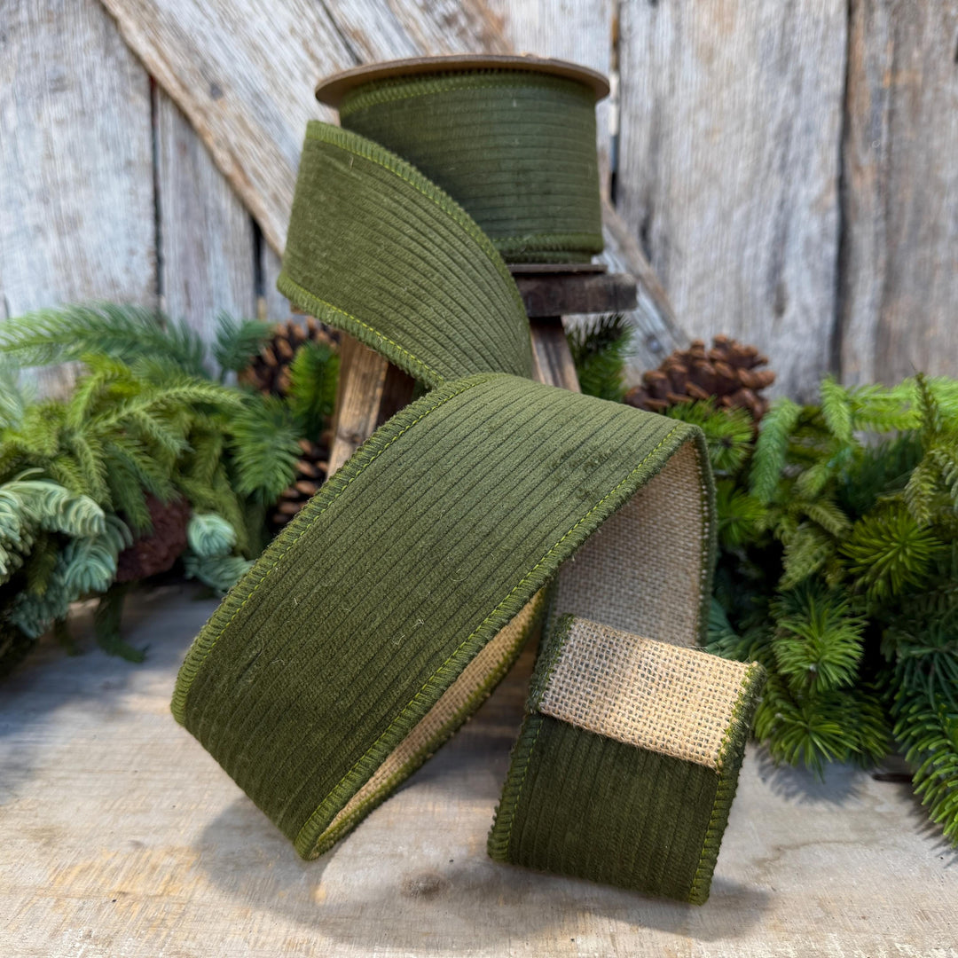 2.5" Moss Green Corduroy Ribbon, Fall Ribbon, Christmas Ribbon