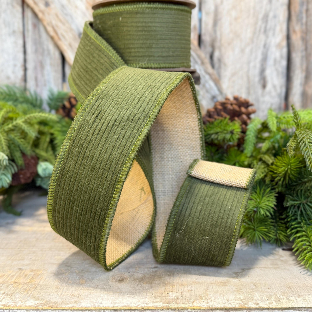 2.5" Moss Green Corduroy Ribbon, Fall Ribbon, Christmas Ribbon