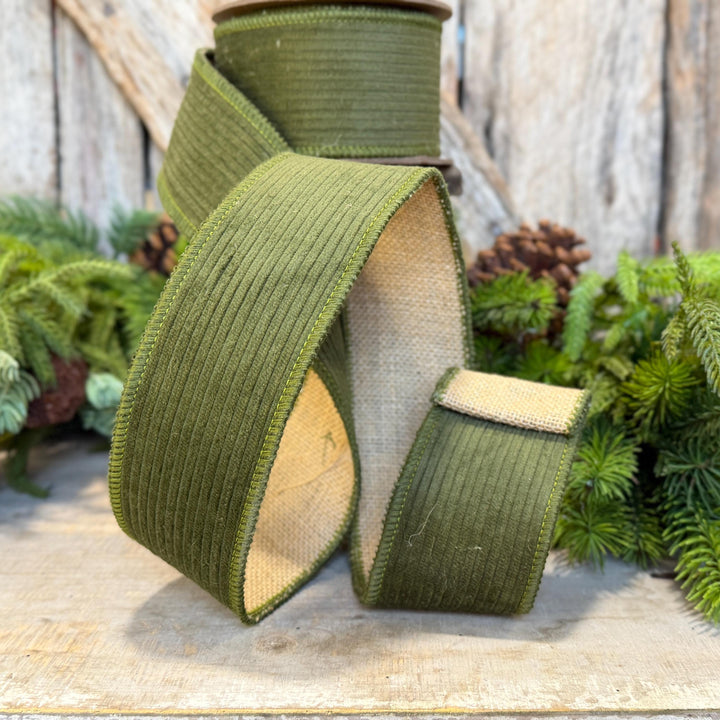 2.5" Moss Green Corduroy Ribbon, Fall Ribbon, Christmas Ribbon