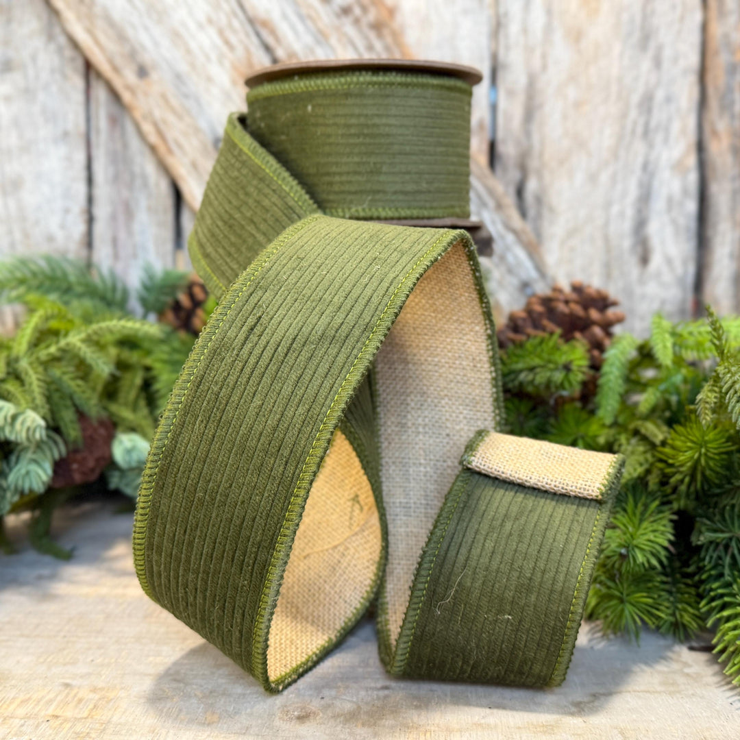 2.5" Moss Green Corduroy Ribbon, Fall Ribbon, Christmas Ribbon