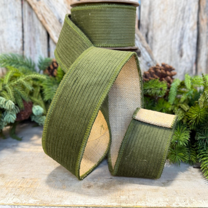 2.5" Moss Green Corduroy Ribbon, Fall Ribbon, Christmas Ribbon
